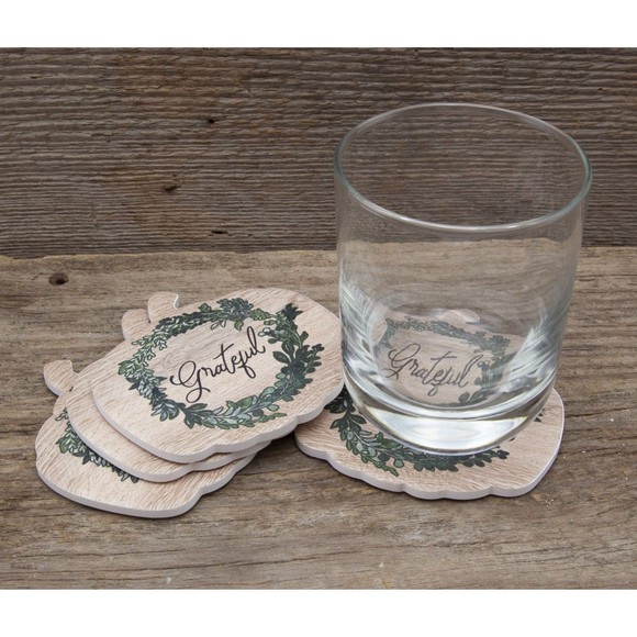 Celebrate Decorative Coaster Set Pumpkin Shape Grateful Stoneware Coasters 4pc - Picture 4 of 4